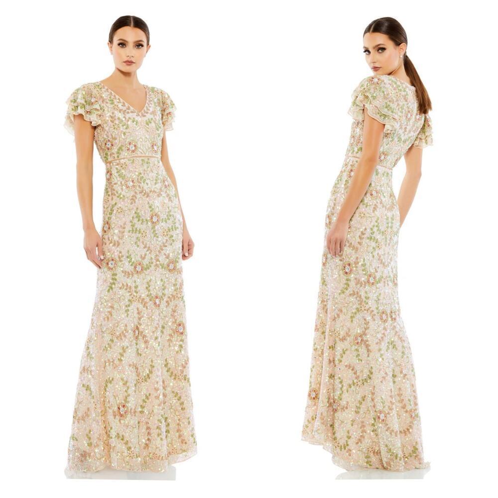 Mac Duggal Formal Embellished Beaded Cap Sleeve Long Gown Nude Size 12 NWT